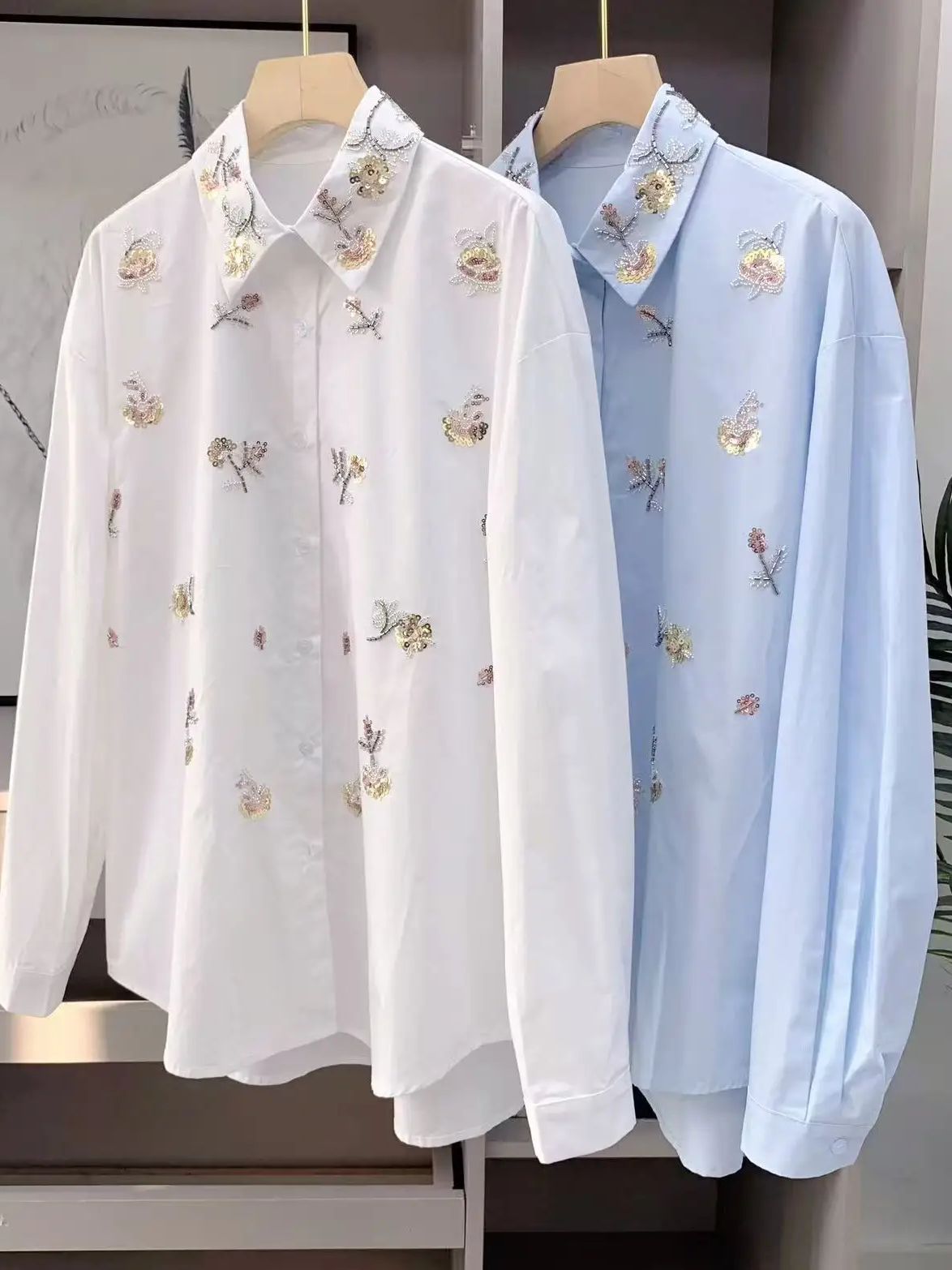 Women'S Fashion Trends 2026 Spring Summer - Luxury Sequins Pearls Embroidery Cotton Blouses