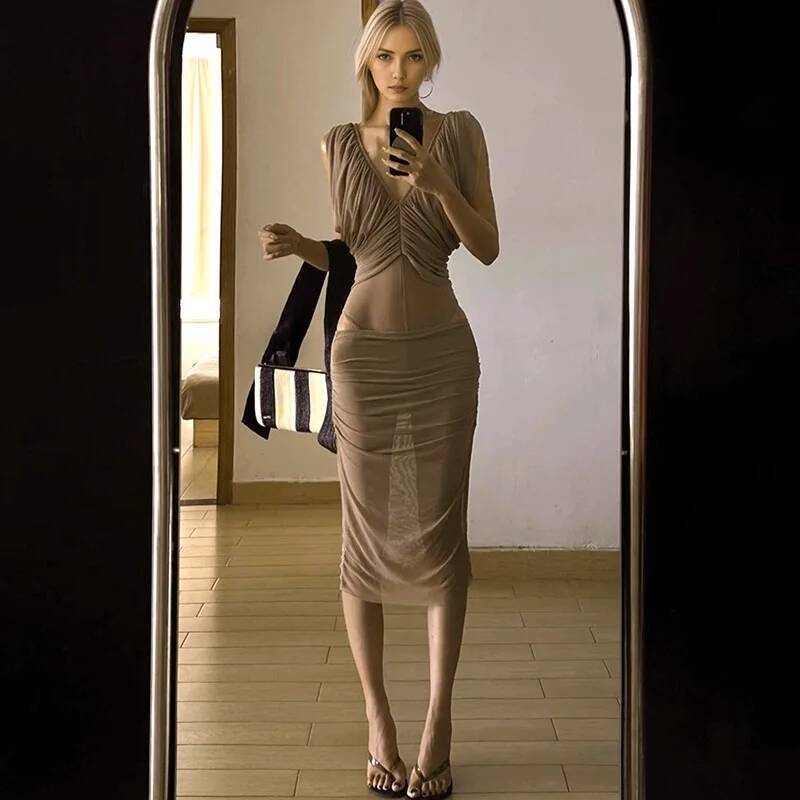 Ruched Dress Mini - French Chiffon Dress Women's Summer Slim