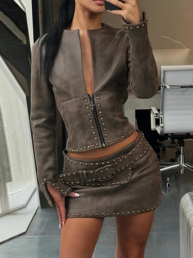 Y2k Leather Skirt Set Women Ri - огляд і ціна Women'S Fashion Long Coat